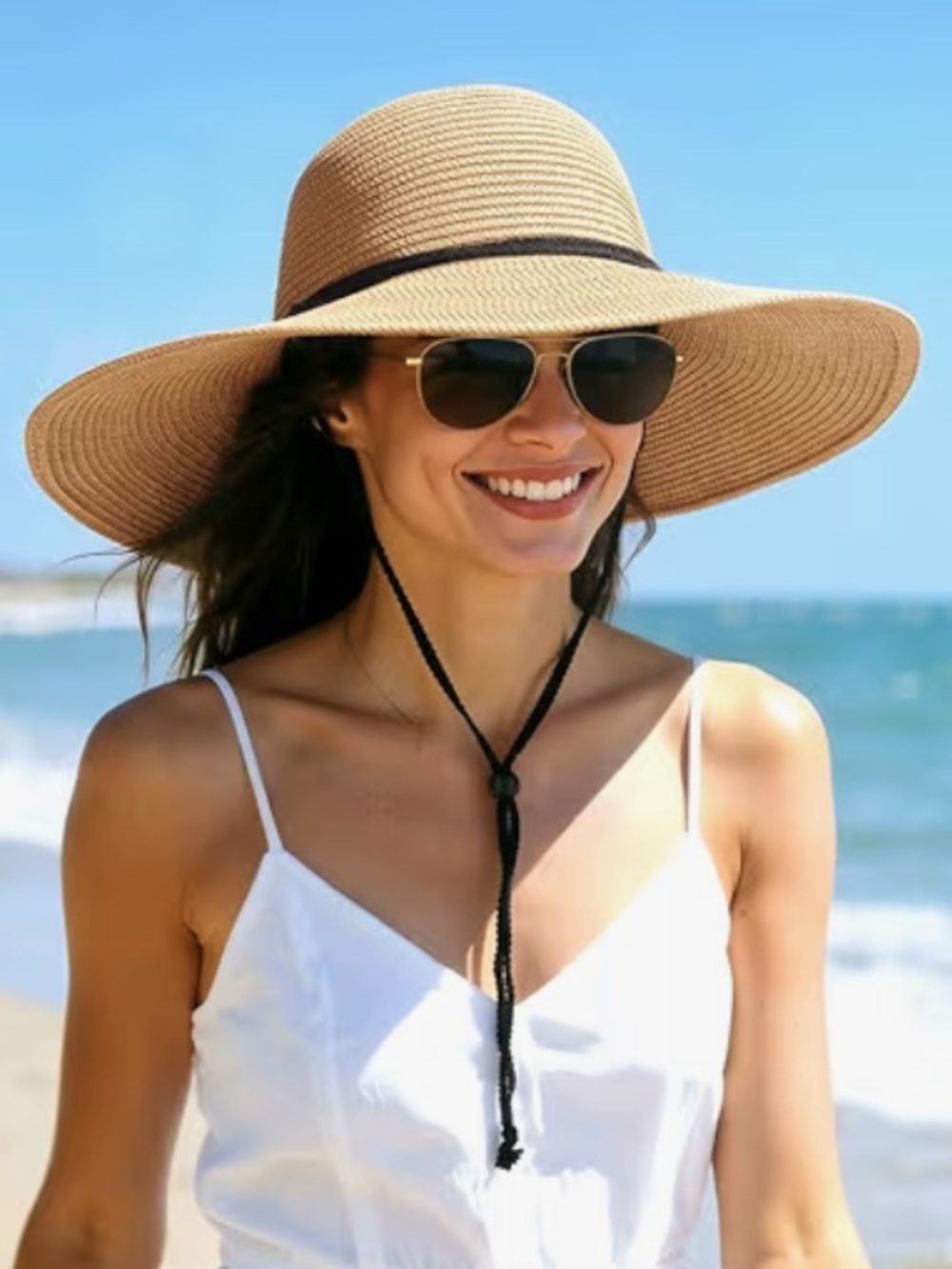 Wind Lanyard Wide Brim Straw Hat Summer Beach Garden Vacation Foldable UPF 50+ - Picture 4 of 8